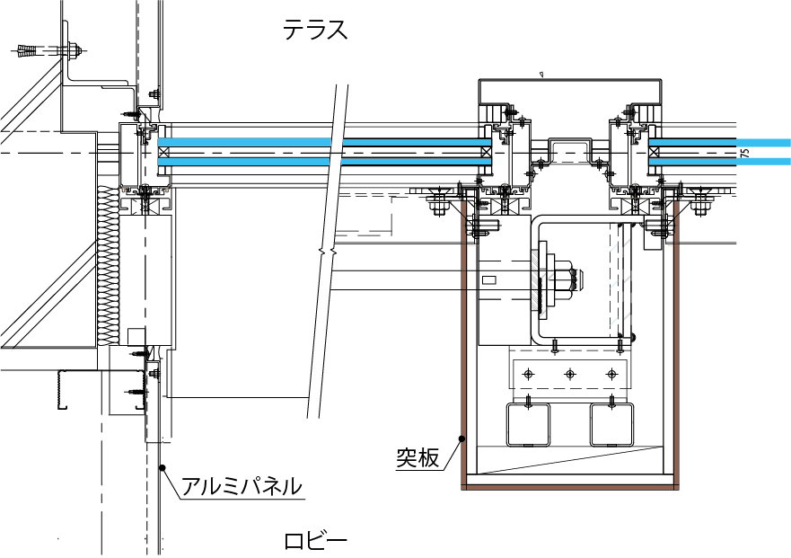 突板門型フレームとアルミパネル壁面部分詳細