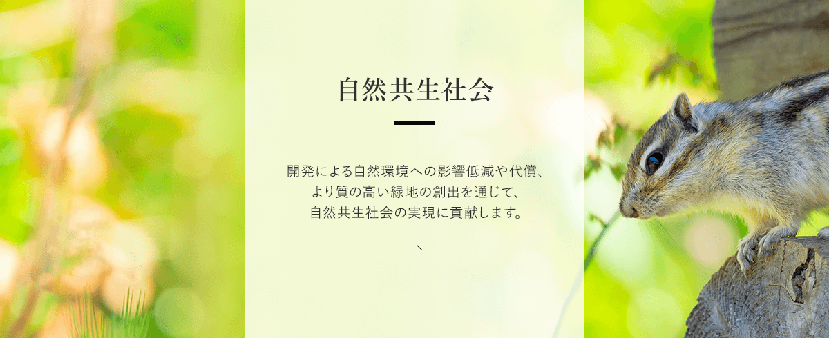 自然共生社会 | 開発による自然環境への影響低減や代償、より質の高い緑地の創出を通じて、自然共生社会の実現に貢献します。