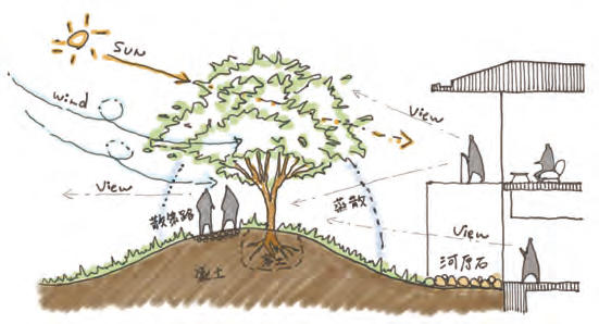 内部空間をやさしく包み込む緑の丘